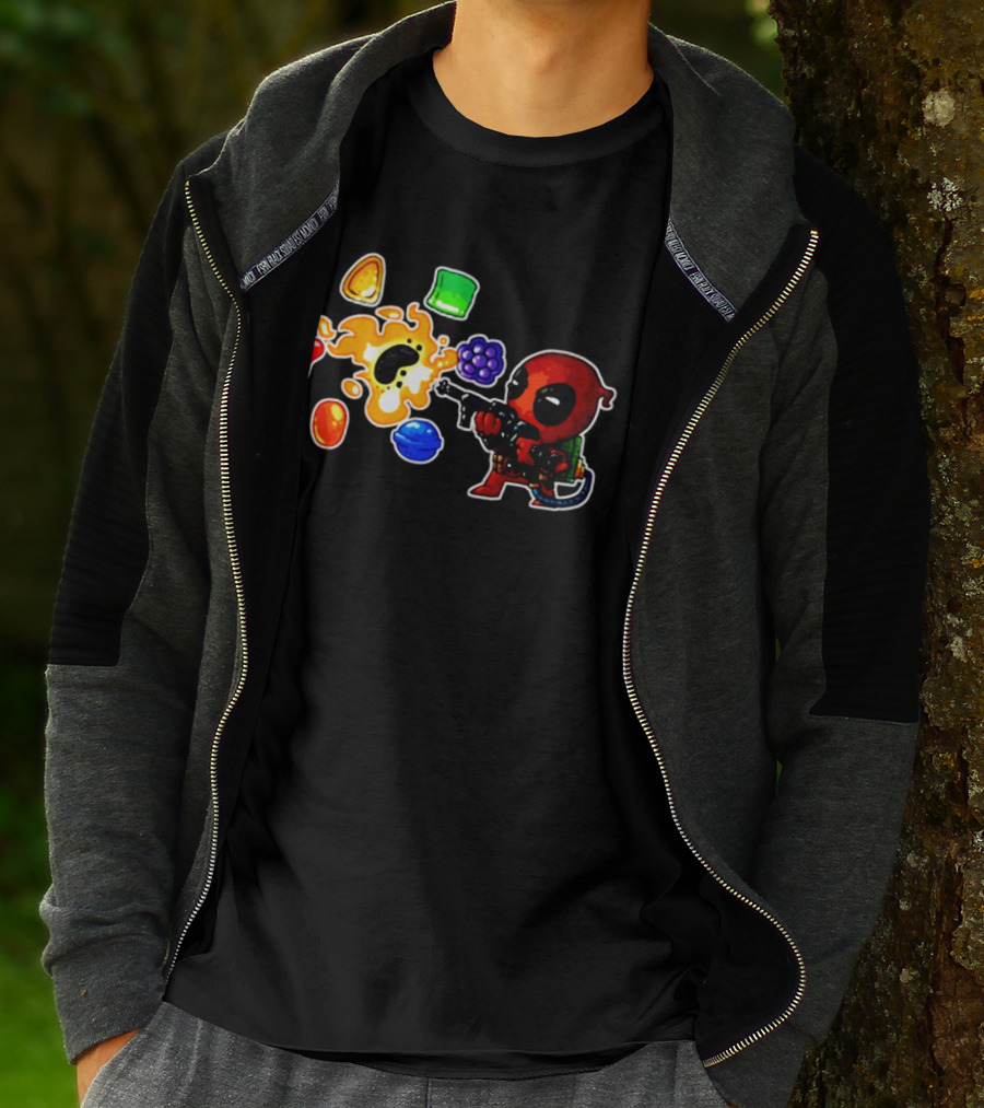 Deadpool Candy Explosion With Shooting Gun And Colorful Sweets T-Shirt