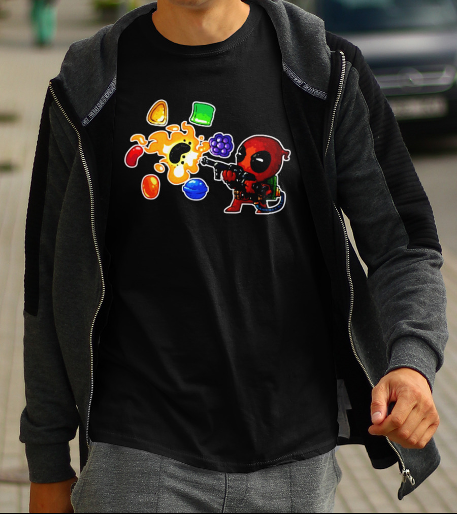 Deadpool Candy Explosion With Shooting Gun And Colorful Sweets T-Shirt