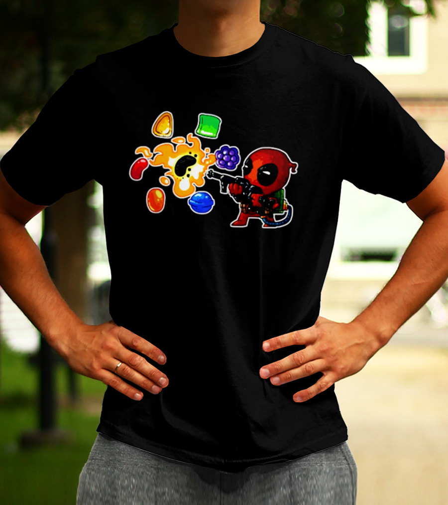 Deadpool Candy Explosion With Shooting Gun And Colorful Sweets T-Shirt