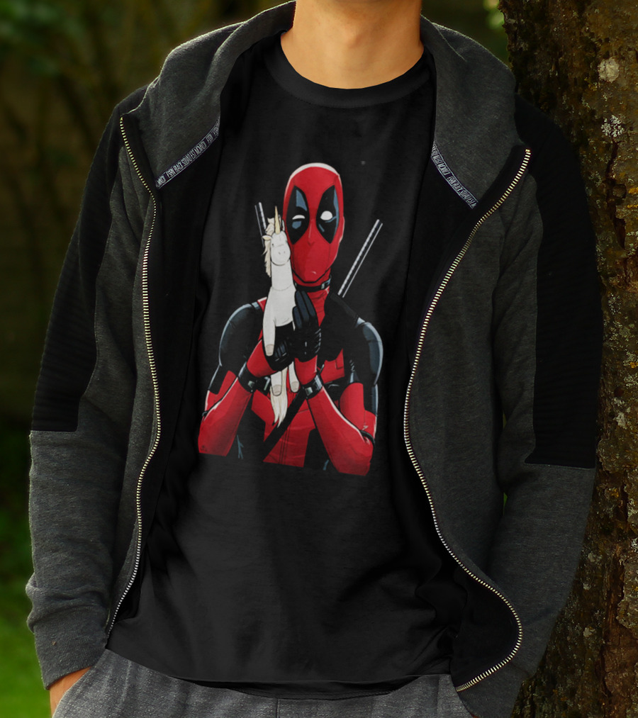 Deadpool Hugging Unicorn Toy With Iconic Red And Black Suit T-Shirt