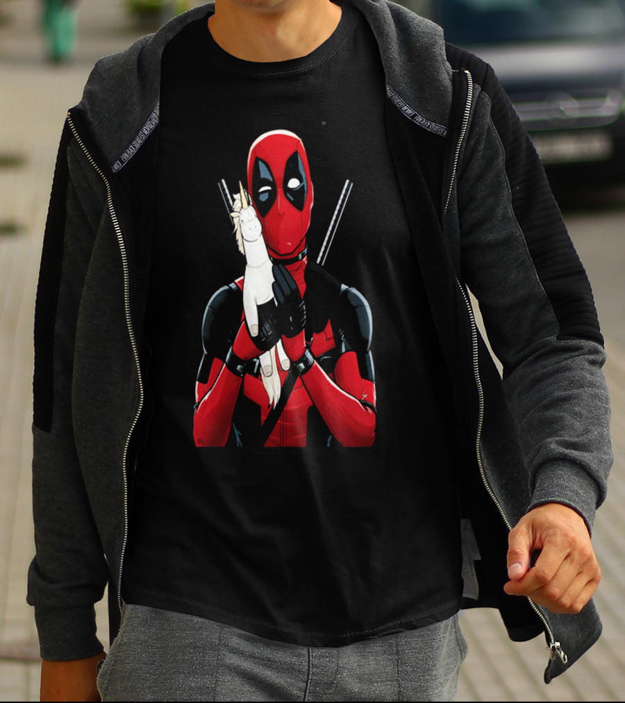 Deadpool Hugging Unicorn Toy With Iconic Red And Black Suit T-Shirt