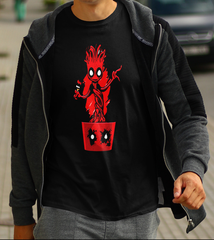Deadpool Groot Mashup With Baby Tree Holding Paintbrush In Red Pot With Comic Mask Eyes T-Shirt