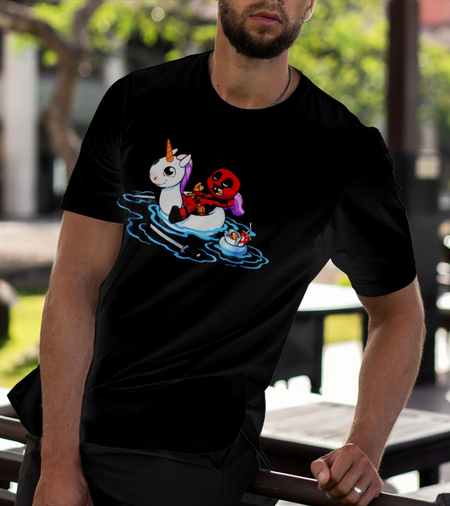 Deadpool Relaxing On Inflatable Unicorn With Rubber Duck And Swords T-Shirt