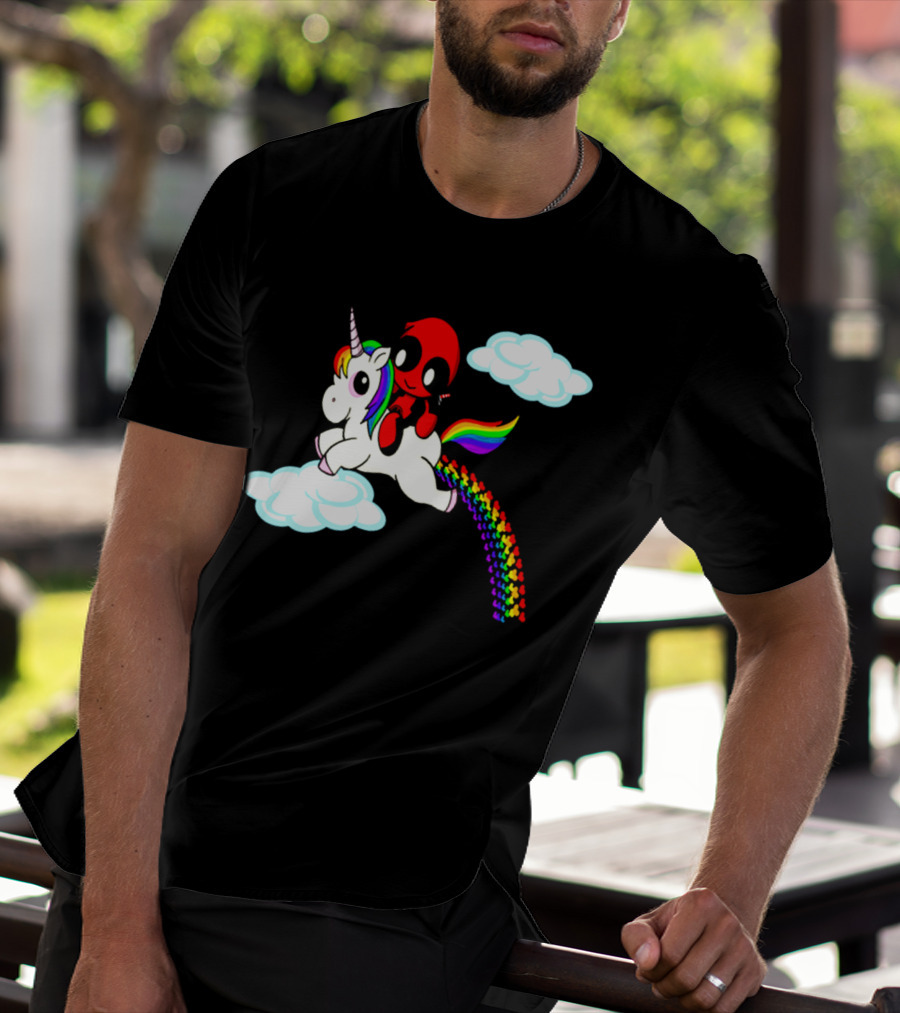 Deadpool Riding Rainbow Unicorn In Clouds T-Shirt