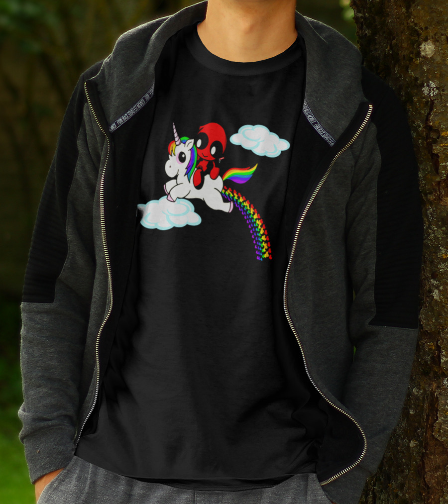 Deadpool Riding Rainbow Unicorn In Clouds T-Shirt