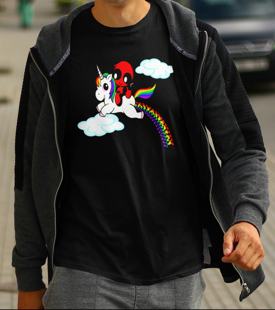 Deadpool Riding Rainbow Unicorn In Clouds T-Shirt