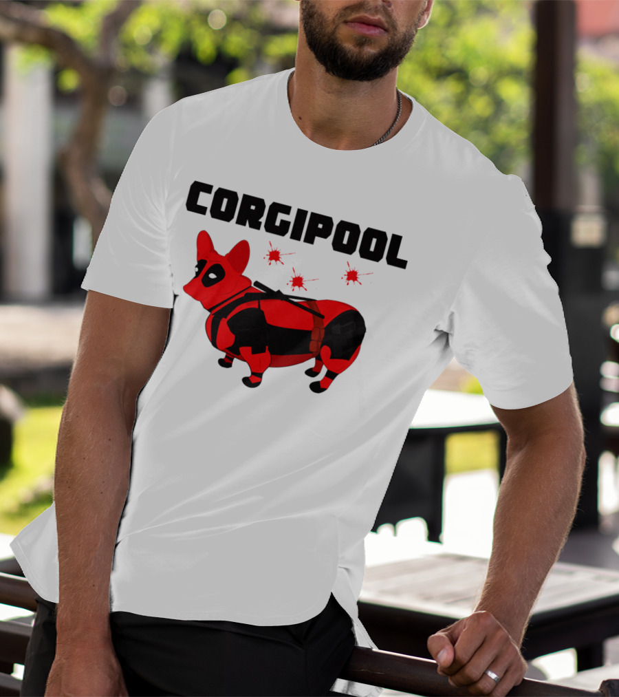 Corgipool Corgi Deadpool Parody With Red And Black Costume And Comic-Style Font T-Shirt