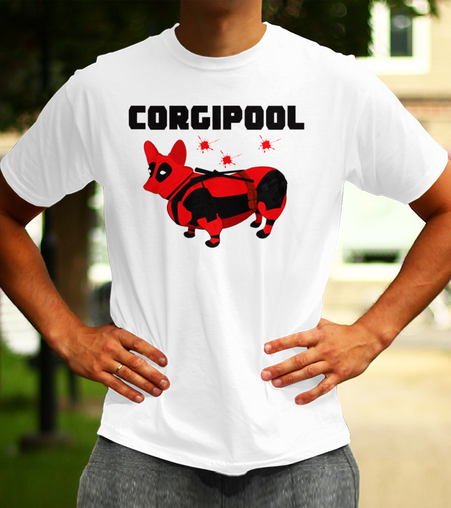 Corgipool Corgi Deadpool Parody With Red And Black Costume And Comic-Style Font T-Shirt