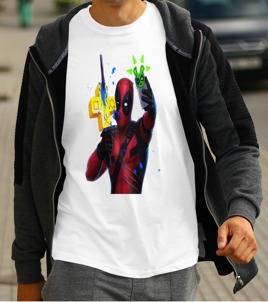 Deadpool Videogame Gamer Selfie With Iconic Controller And Green Bomb Symbols T-Shirt