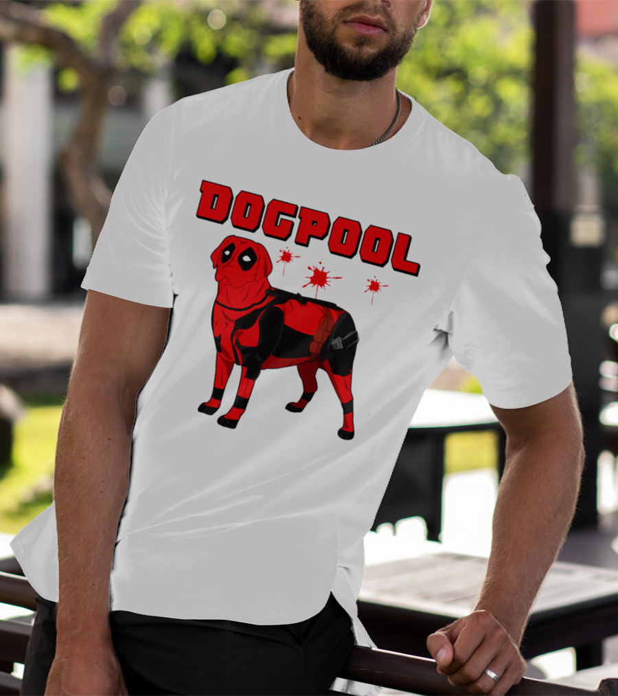 DOGPOOL Inspired By Deadpool With Red Suit And Splattered Background T-Shirt