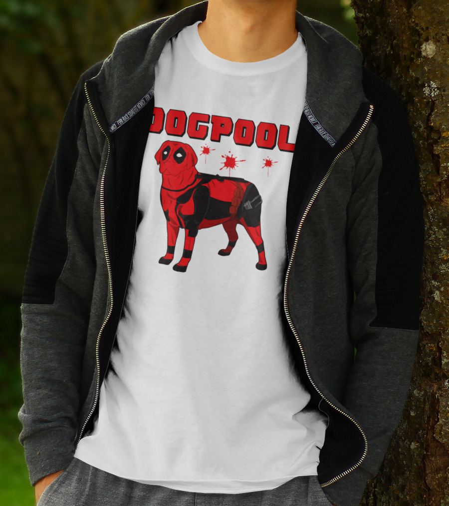 DOGPOOL Inspired By Deadpool With Red Suit And Splattered Background T-Shirt