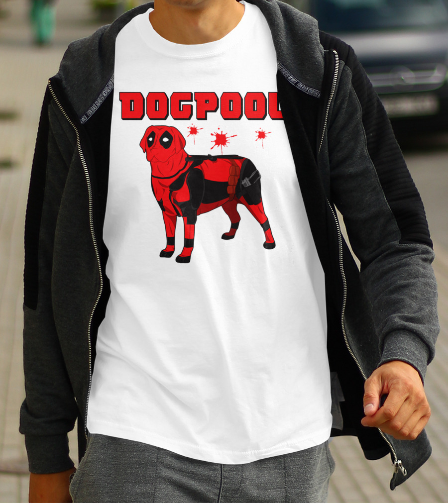 DOGPOOL Inspired By Deadpool With Red Suit And Splattered Background T-Shirt