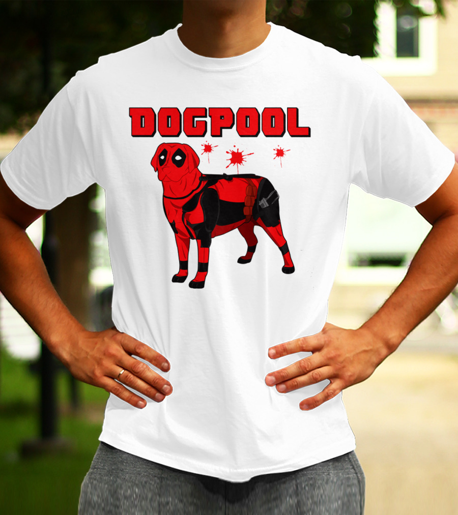 DOGPOOL Inspired By Deadpool With Red Suit And Splattered Background T-Shirt