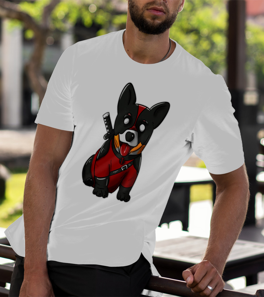 CORGIPOOL CORGI DEADPOOL MERCHANDISE RED BLACK COSTUME SWORD DOG ICONIC CHARACTER IMAGE T-Shirt