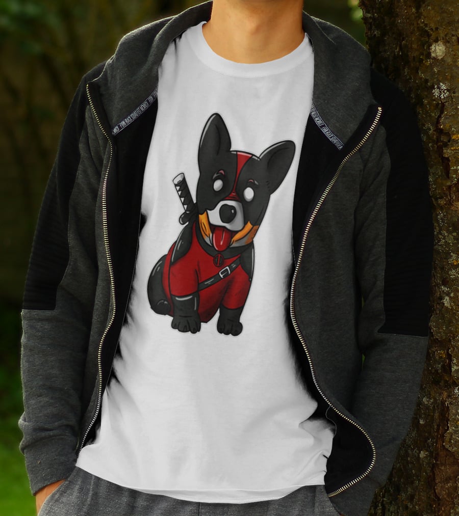 CORGIPOOL CORGI DEADPOOL MERCHANDISE RED BLACK COSTUME SWORD DOG ICONIC CHARACTER IMAGE T-Shirt
