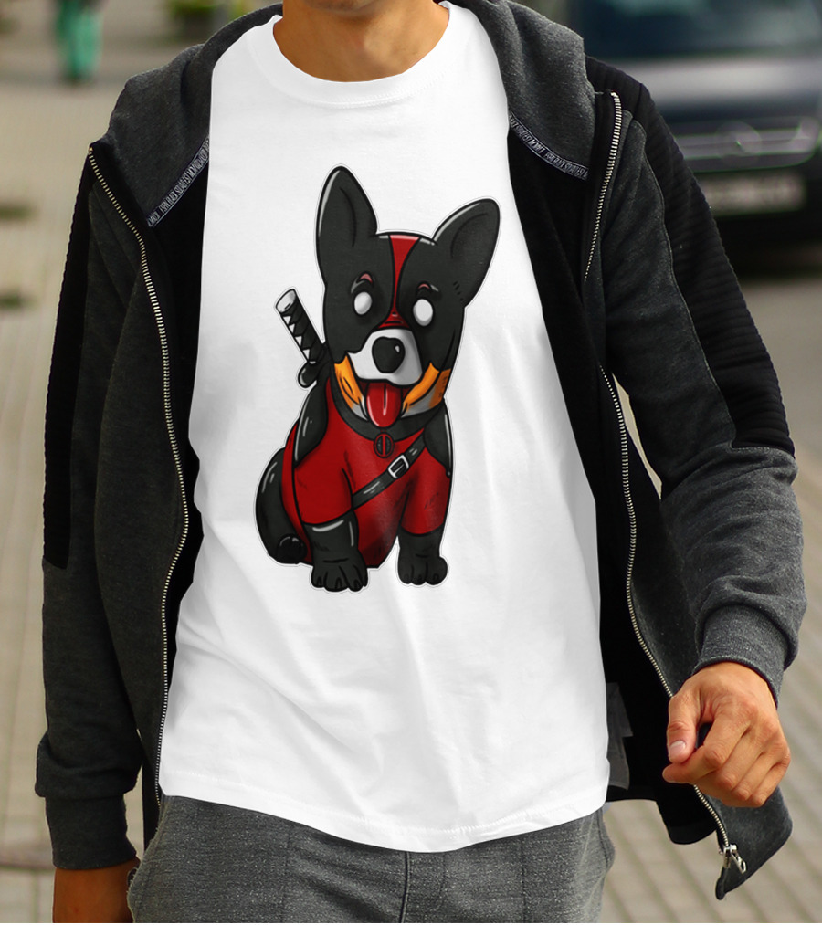 CORGIPOOL CORGI DEADPOOL MERCHANDISE RED BLACK COSTUME SWORD DOG ICONIC CHARACTER IMAGE T-Shirt