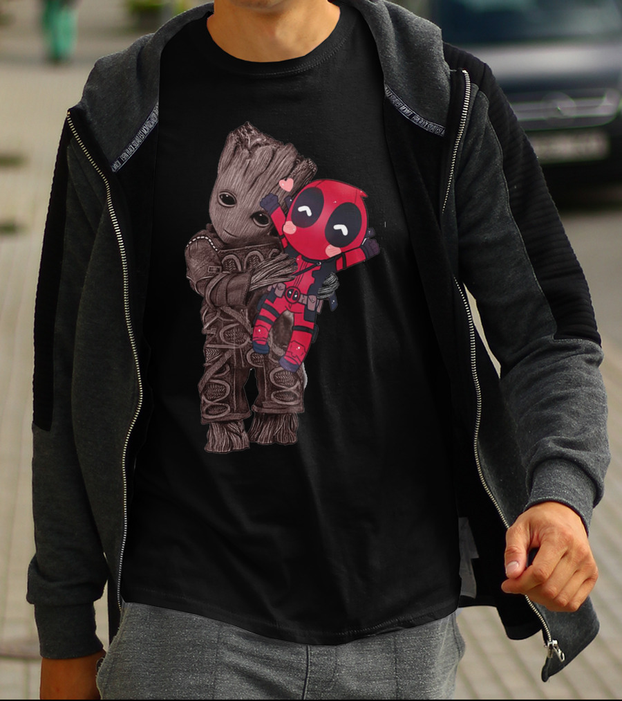 Groot Hugging Chibi Deadpool With Hearts T-Shirt