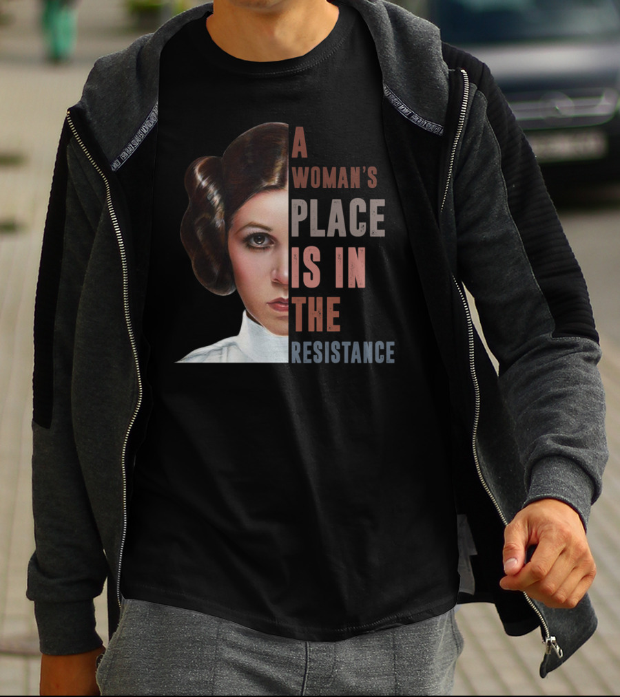 A Woman’s Place Is In The Resistance Carrie Fisher Iconic Leia T-Shirt