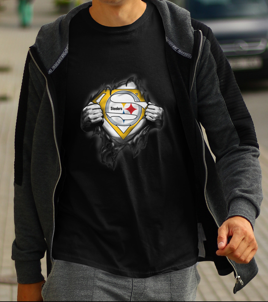 Steelers Emblem Revealed Through Superhero Suit Tear T-Shirt
