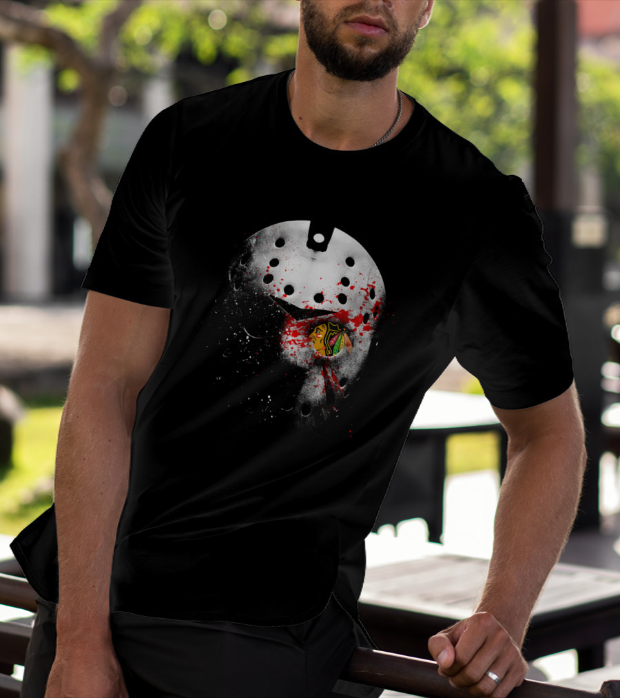 Chicago Blackhawks Jason Mask Blood Splatter Nhl Horror Crossover T-Shirt