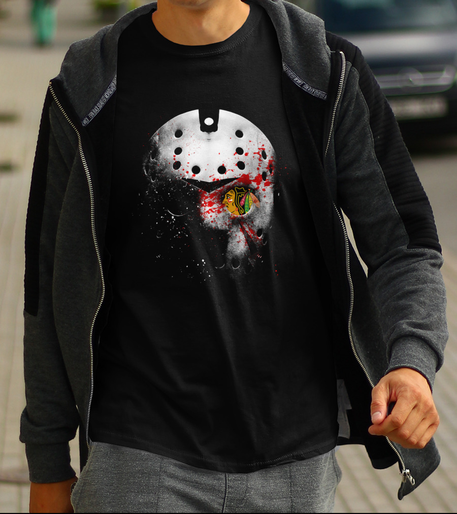 Chicago Blackhawks Jason Mask Blood Splatter Nhl Horror Crossover T-Shirt