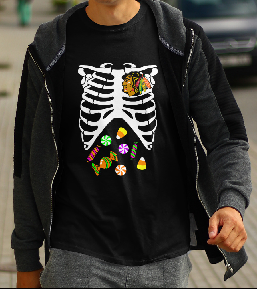 Chicago Blackhawks Skeleton Candy Ribcage Halloween T-Shirt