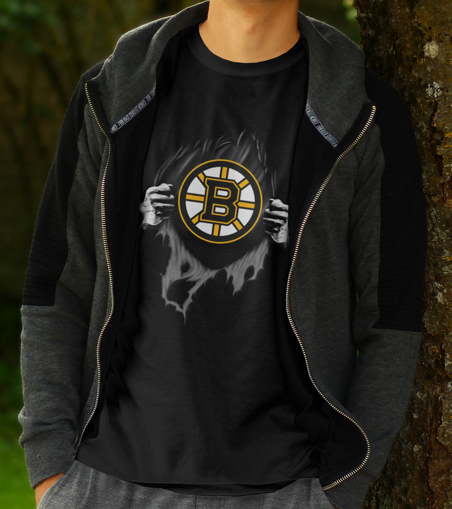 Boston Bruins Hockey Team Logo Peeking Through Torn Fabric T-Shirt