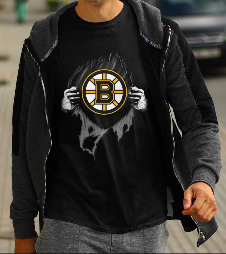 Boston Bruins Hockey Team Logo Peeking Through Torn Fabric T-Shirt