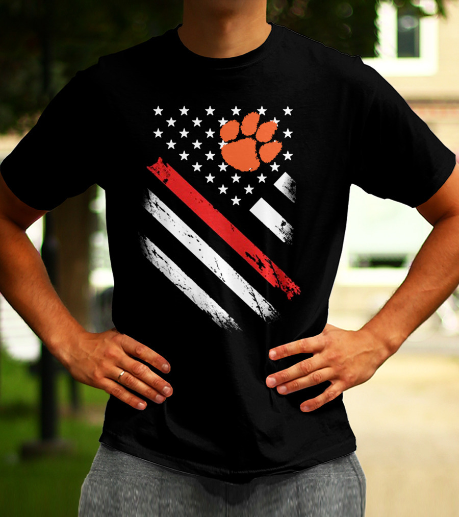 Clemson Tigers Football American Flag Paw Print Stars Stripes T-Shirt