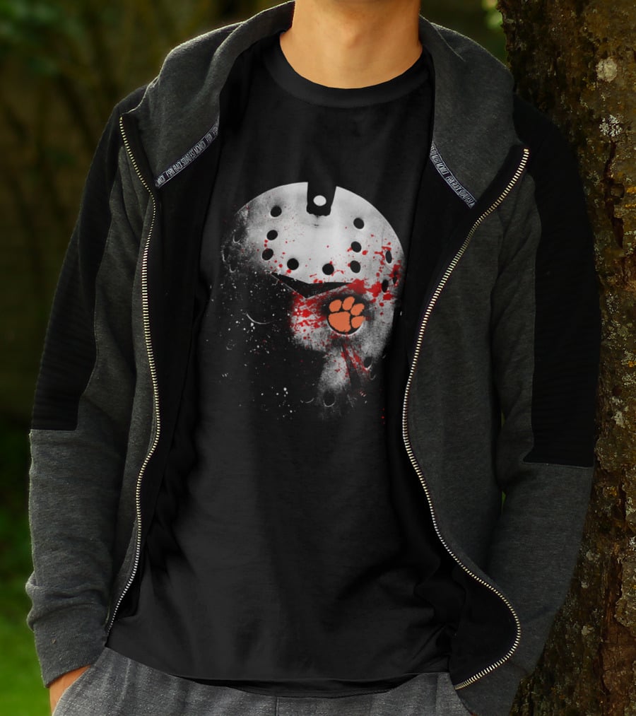 Clemson Tigers Football Jason Voorhees Mask With Paw Print And Blood Splatter T-Shirt