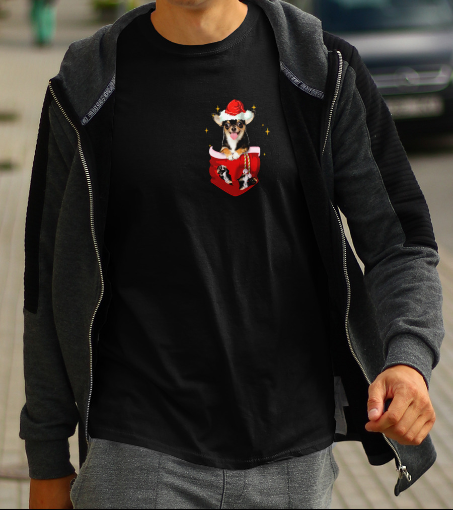 Chihuahua In Santa Hat Pocket With Christmas Sparkles T-Shirt