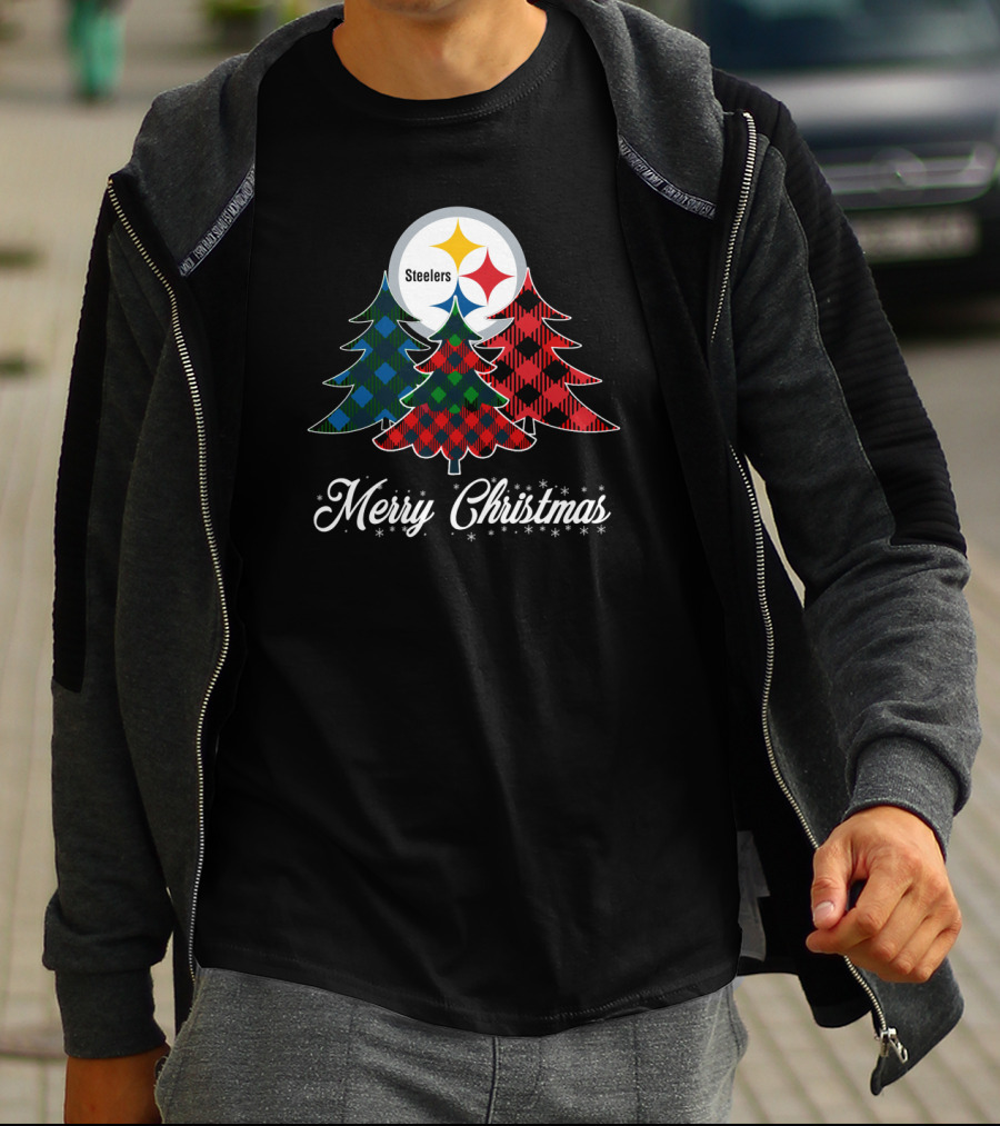 Steelers Merry Christmas Plaid Trees T-Shirt
