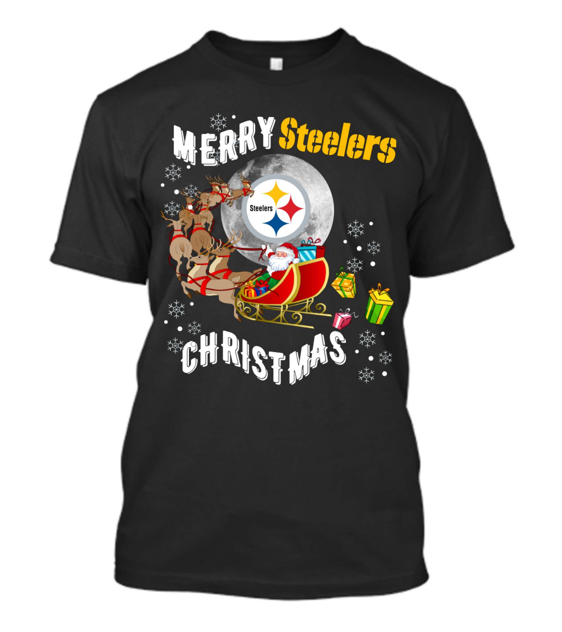 Merry Steelers Christmas Santa Sleigh And Moon T-Shirt