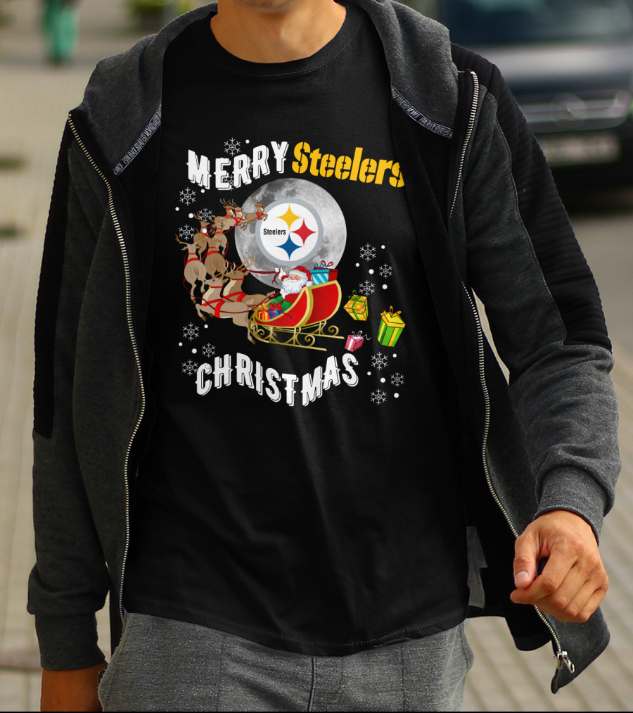 Merry Steelers Christmas Santa Sleigh And Moon T-Shirt