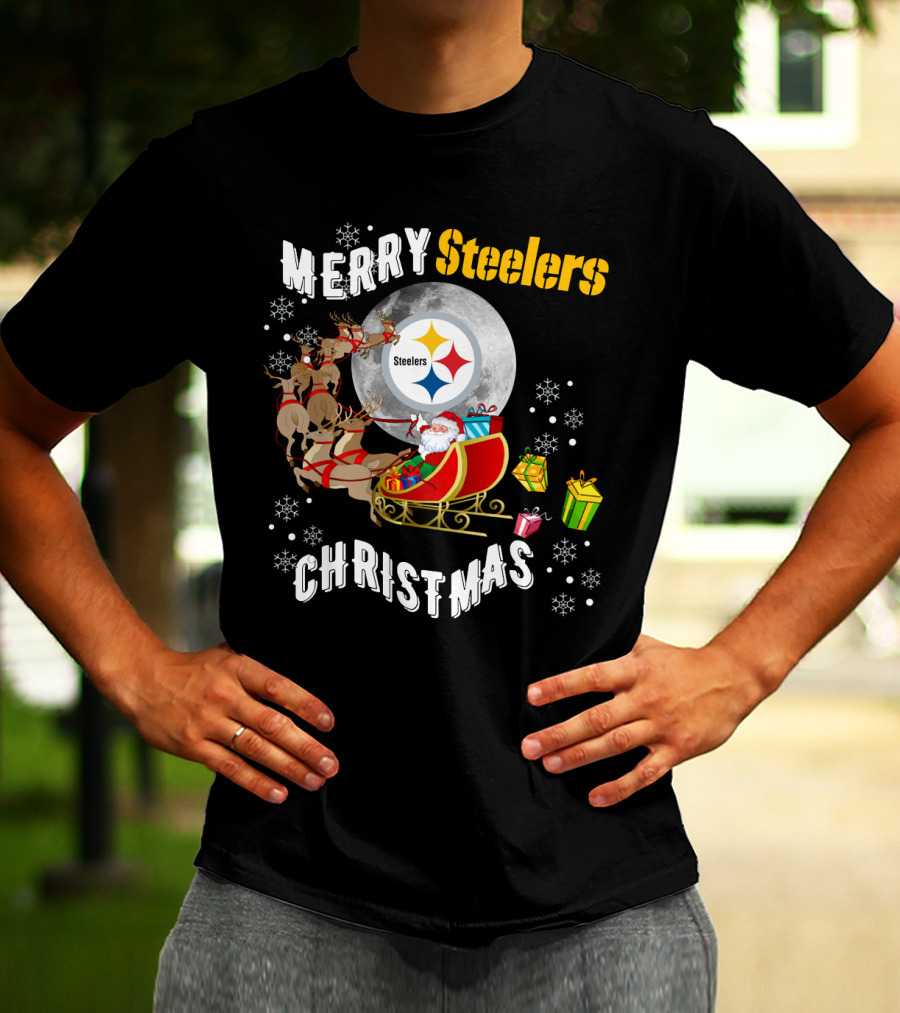 Merry Steelers Christmas Santa Sleigh And Moon T-Shirt