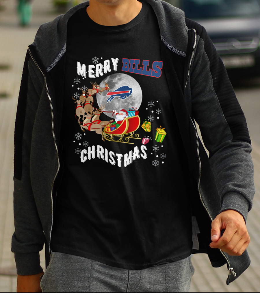 Merry Bills Christmas Buffalo Bills Santa Sleigh And Moon T-Shirt