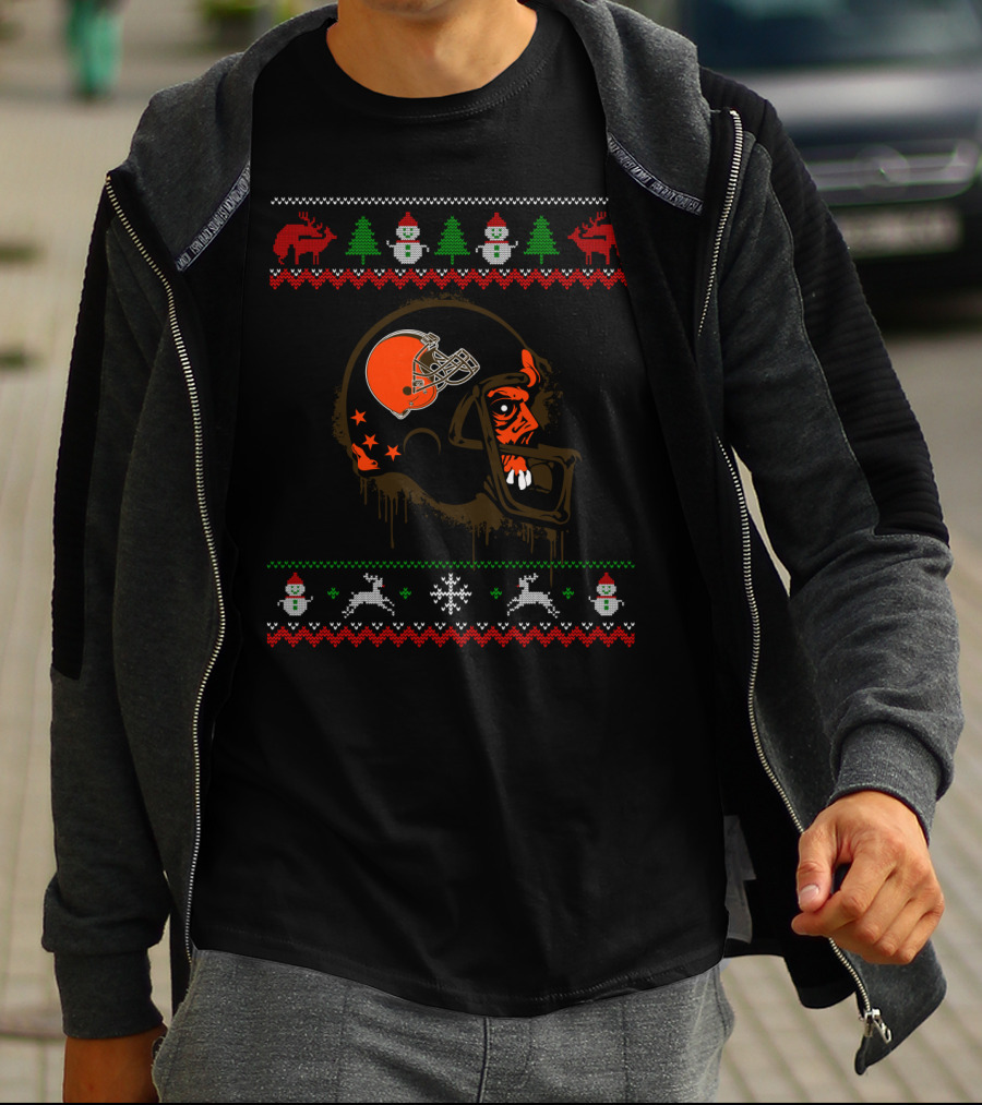 Cleveland Browns Holiday Sweater Design With Helmet And Festive Elements T-Shirt