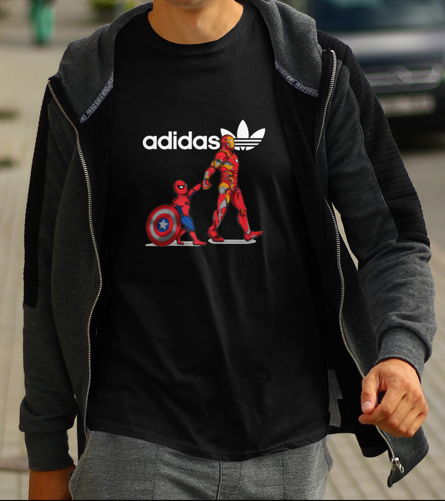 Iron Man Holding Shield Next To Small Spider-Man T-Shirt