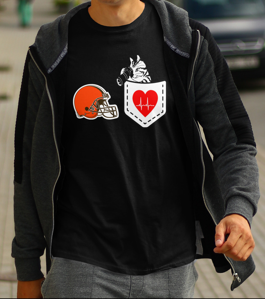 Cleveland Browns Helmet Zebra Heartbeat Pocket T-Shirt