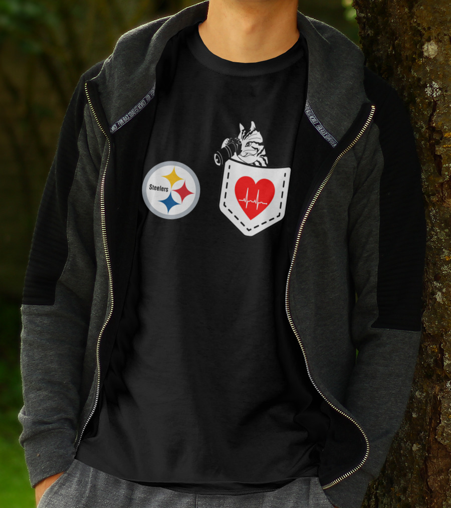 Pittsburgh Steelers Logo With Heartbeat Pocket Cat T-Shirt