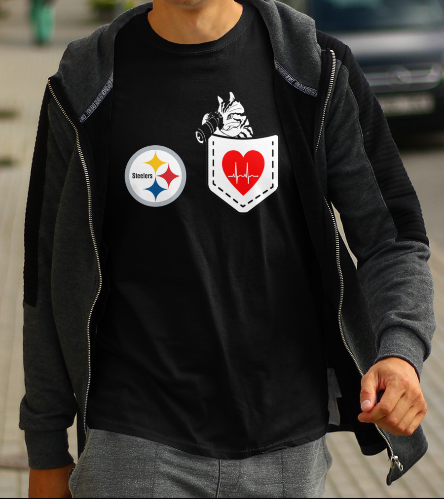 Pittsburgh Steelers Logo With Heartbeat Pocket Cat T-Shirt