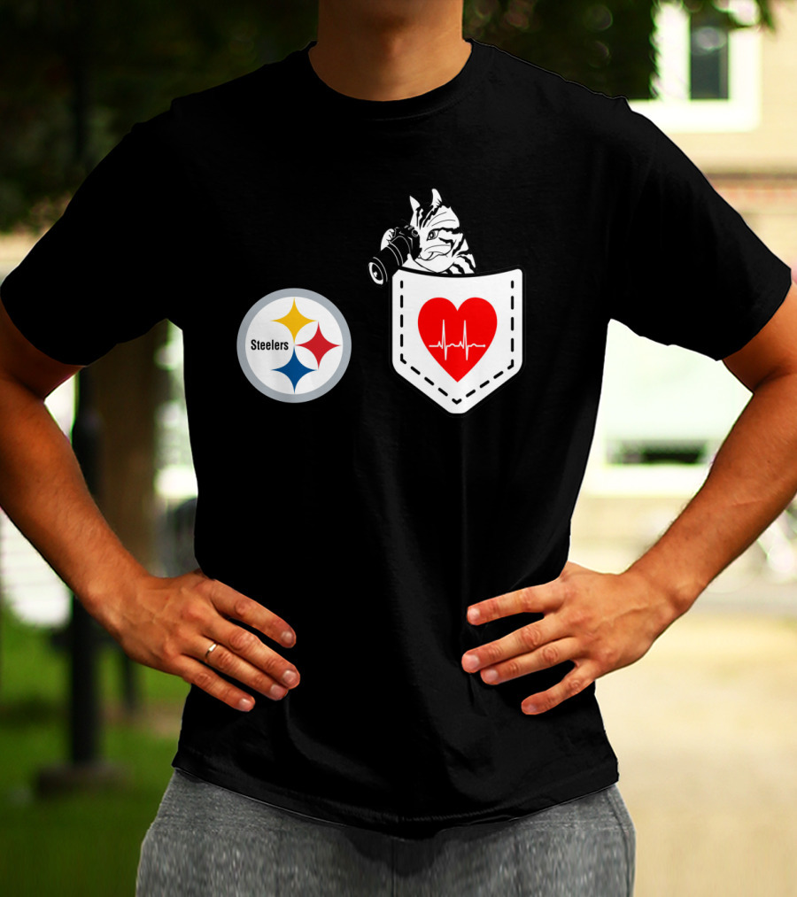 Pittsburgh Steelers Logo With Heartbeat Pocket Cat T-Shirt