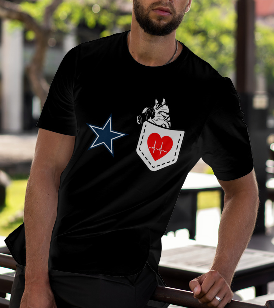 Dallas Cowboys Star Cat In Heartbeat Pocket T-Shirt