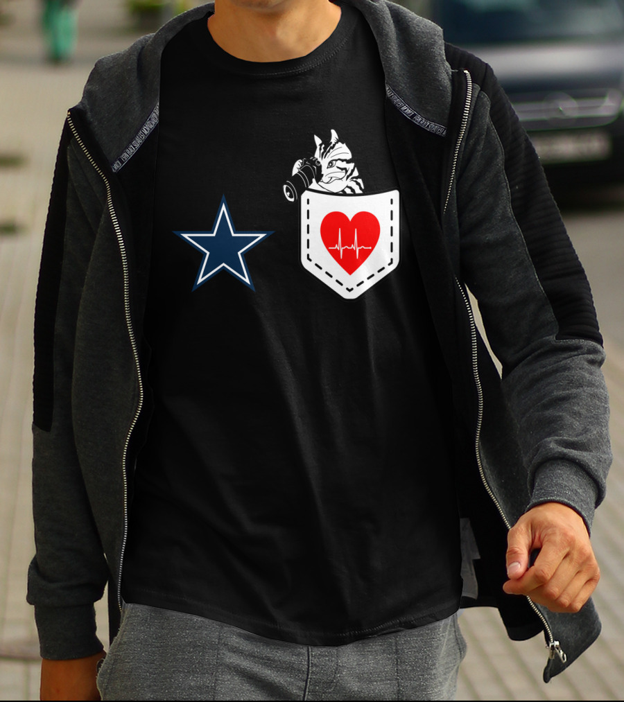 Dallas Cowboys Star Cat In Heartbeat Pocket T-Shirt