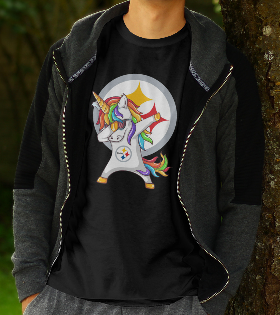 Unicorn Dabbing With Steelers Logo Rainbow Mane T-Shirt