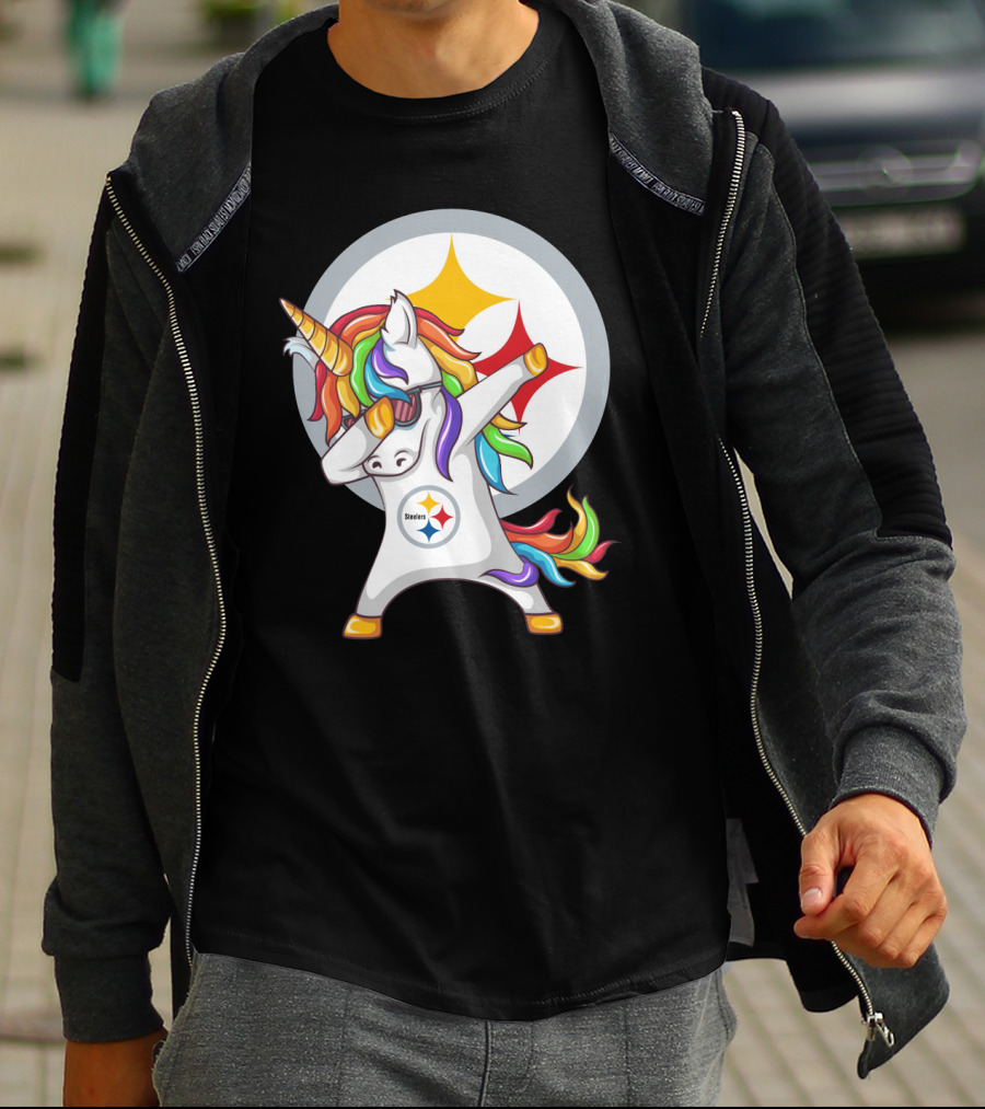Unicorn Dabbing With Steelers Logo Rainbow Mane T-Shirt