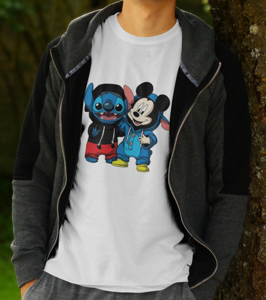 Mickey Mouse And Stitch In Hoodies T-Shirt