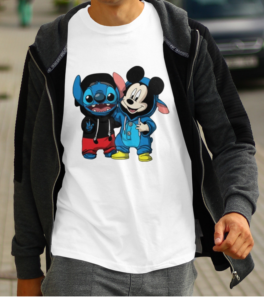 Mickey Mouse And Stitch In Hoodies T-Shirt
