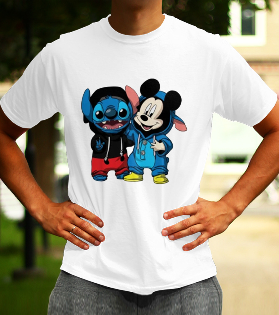 Mickey Mouse And Stitch In Hoodies T-Shirt