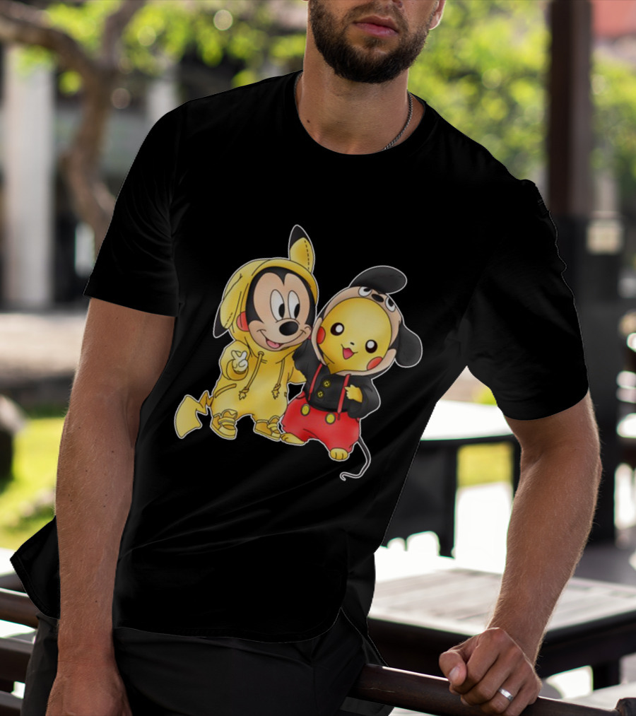 Mickey Pikachu Crossover Characters In Hoodie Costumes T-Shirt